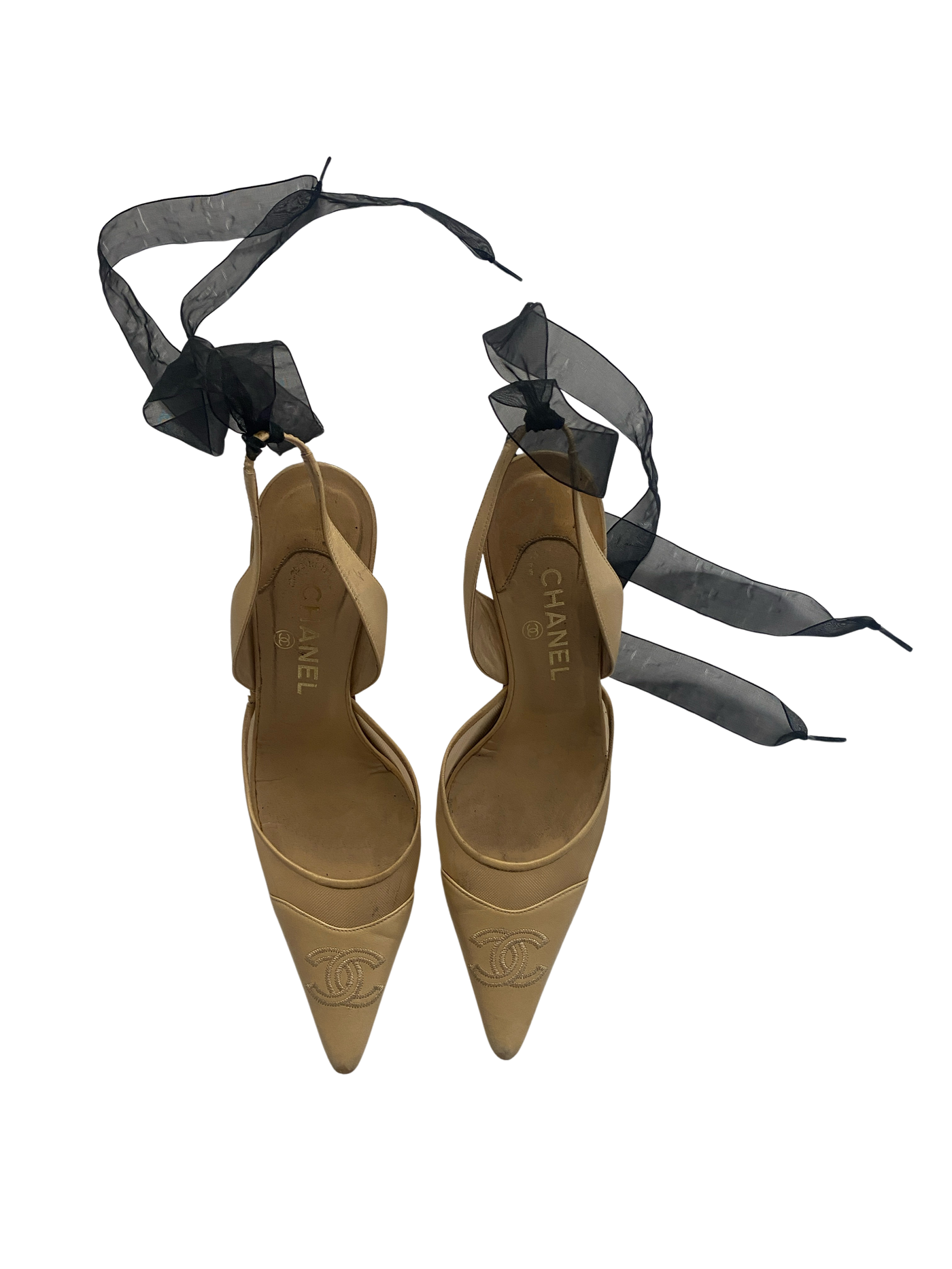 Chanel Beige Mesh Slingback Ribbon Heels, 40.5