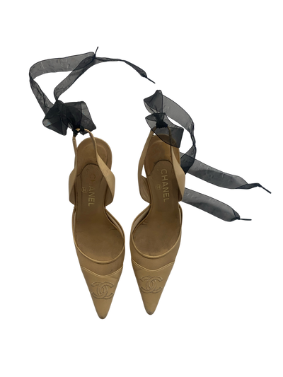 Chanel Beige Mesh Slingback Ribbon Heels, 40.5