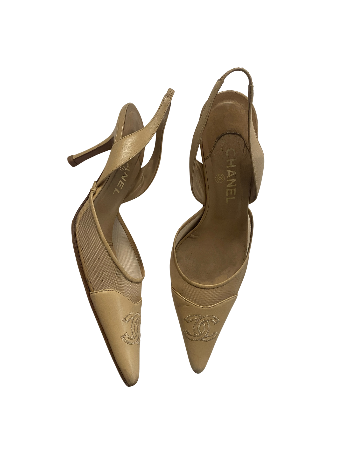 Chanel Beige Mesh Slingback Ribbon Heels, 40.5