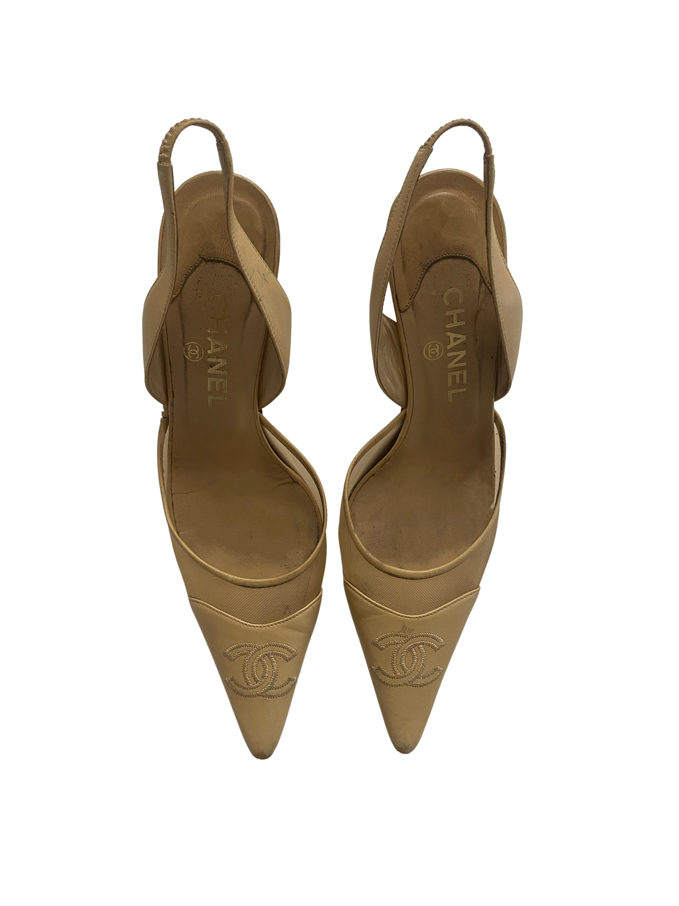 Chanel Beige Mesh Slingback Ribbon Heels, 40.5