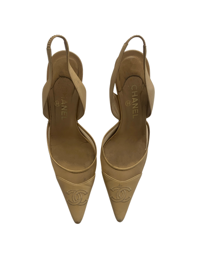 Chanel Beige Mesh Slingback Ribbon Heels, 40.5