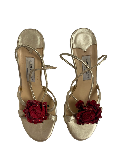 Jimmy Choo Gold Flower Heels, 38.5