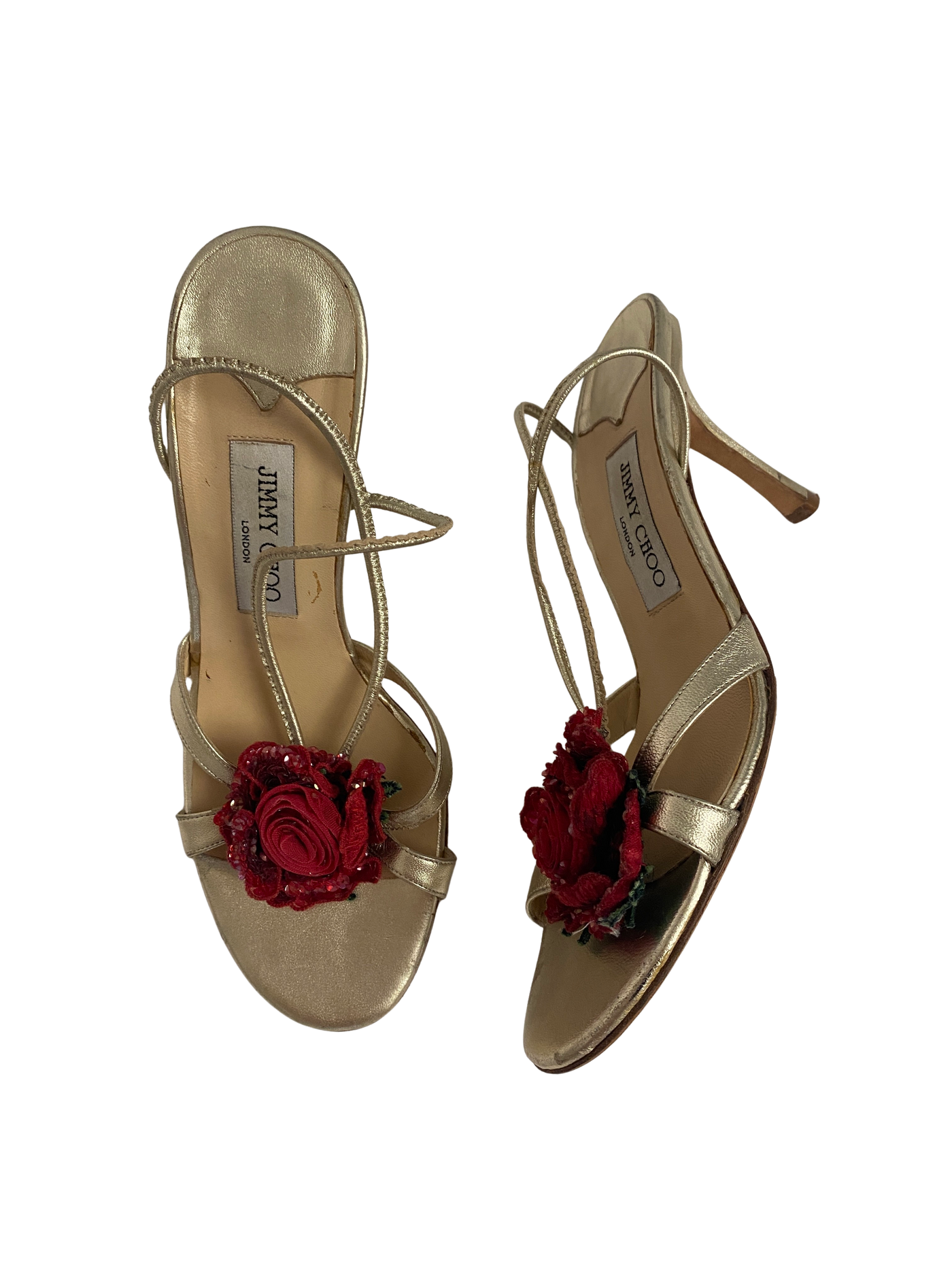 Jimmy Choo Gold Flower Heels, 38.5