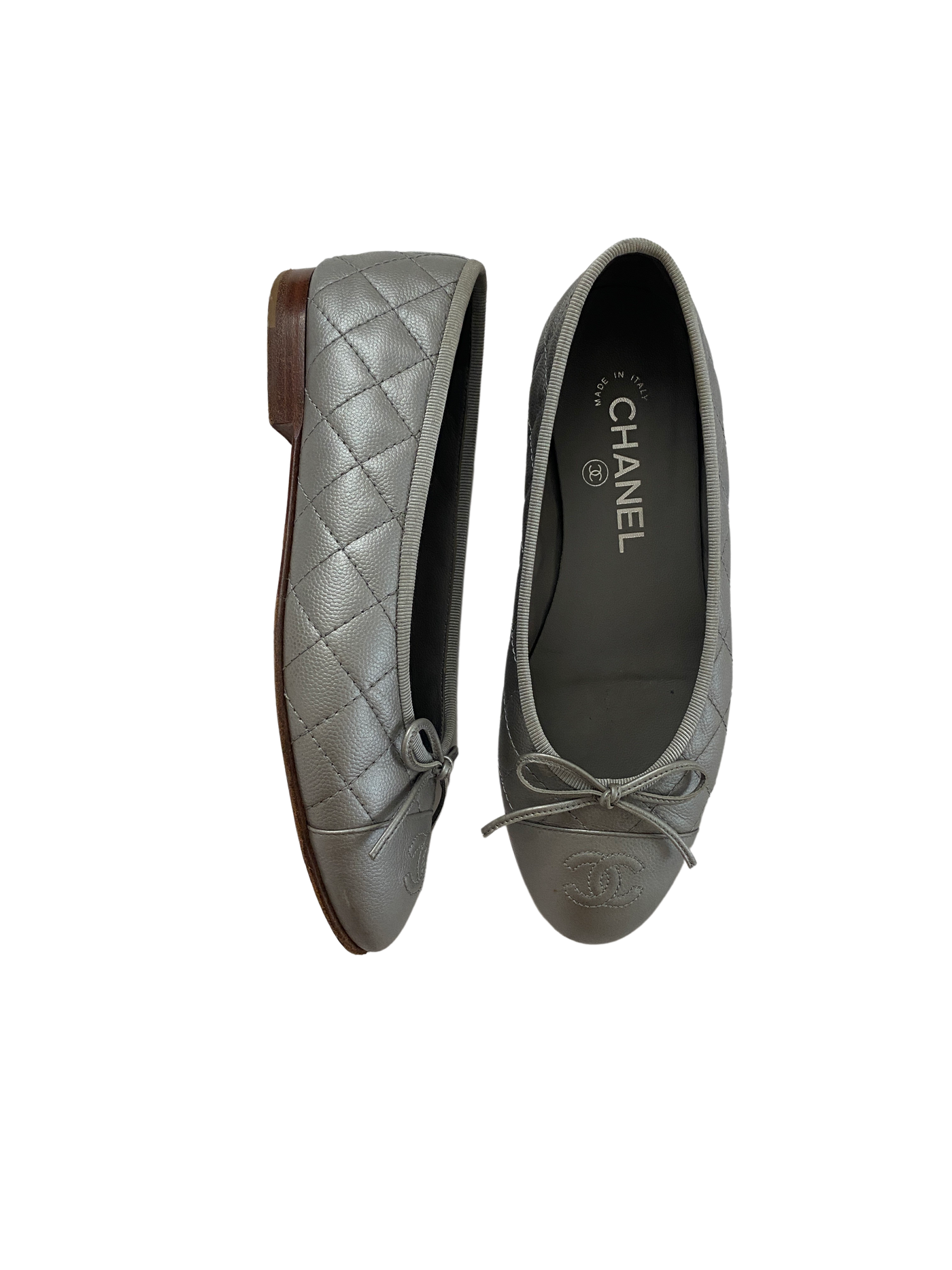 Chanel Silver Quilted Flats, 36